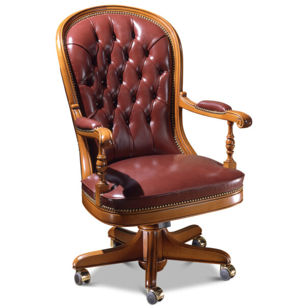 Burgundy leather presidential armchair with high back and armrests, mounted on a swivel base with wheels.