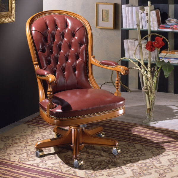 Burgundy leather presidential armchair with high back and armrests, mounted on a swivel base with wheels.