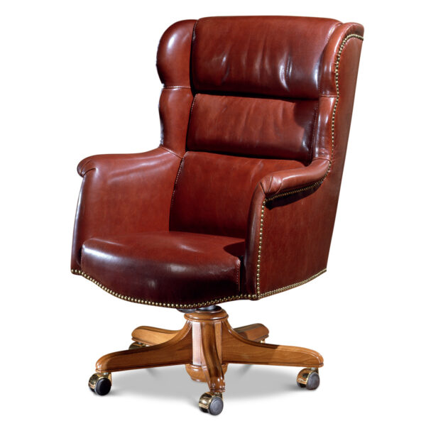 Brown leather presidential armchair with a high, wing-shaped back and buttoned upholstery, mounted on a swivel base with brass casters.