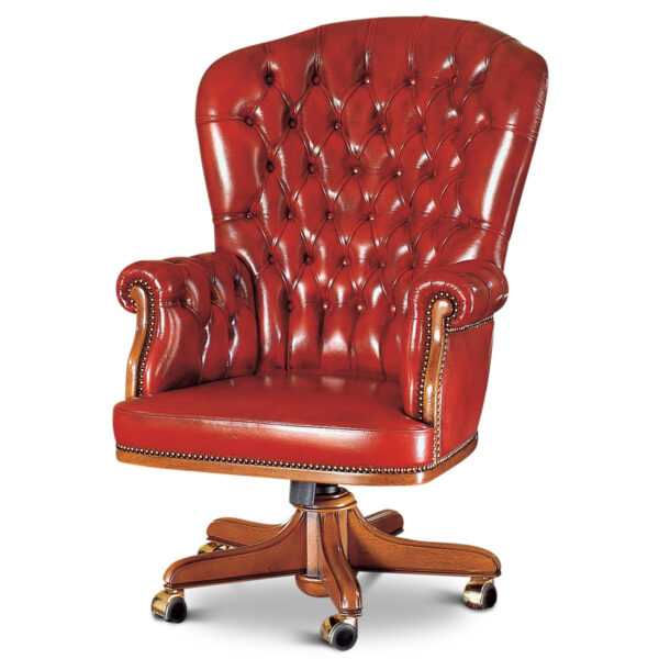 Red leather presidential armchair with a high, wing-shaped back and buttoned upholstery, mounted on a swivel base with brass casters.