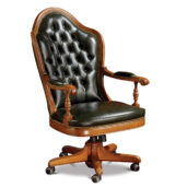 Black leather presidential armchair with high back and armrests, mounted on a swivel base with wheels.