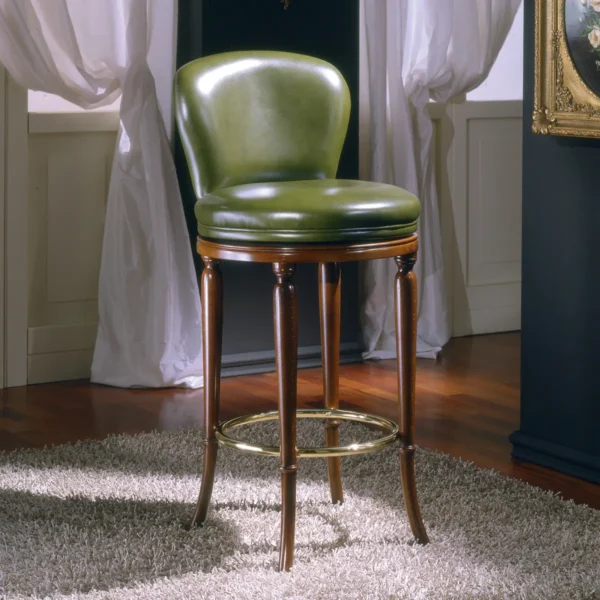 Elegant and sturdy green leather bar stool with backrest