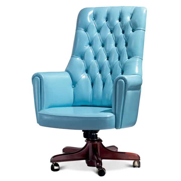 a blue leather chair in a luxury office room